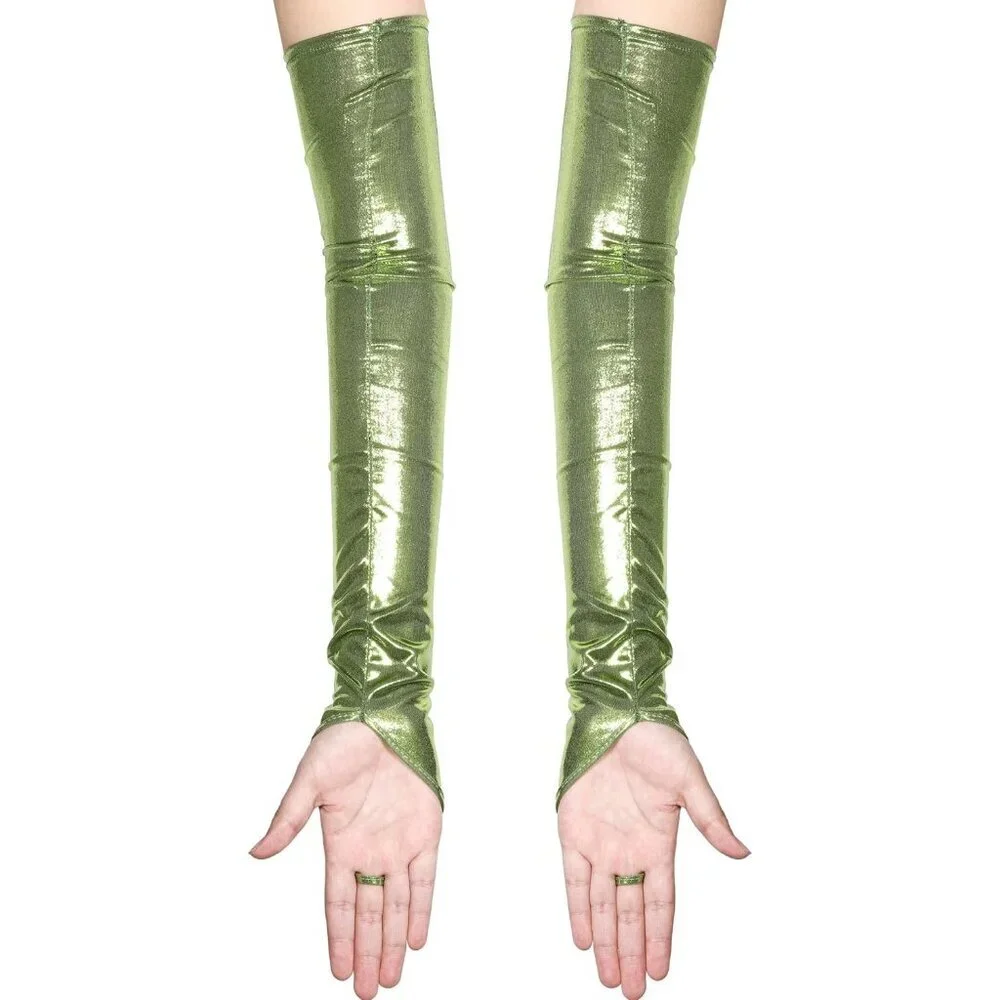 Women's Green Shiny Elastic Satin Rave Fingerless Long Gloves Party Costume
